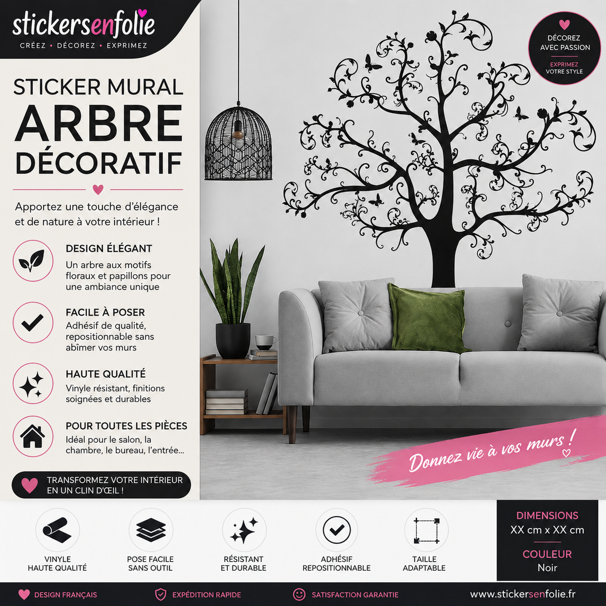 Sticker Mural Arbre Décoratif Noir – Autocollant Mur Repositionnable – Déco Maison