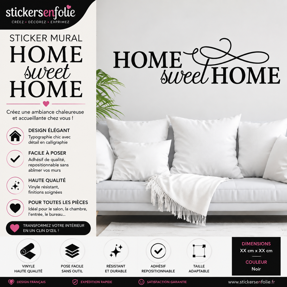 Sticker Mural HOME Sweet HOME Noir – Autocollant Déco Maison – Salon Chambre