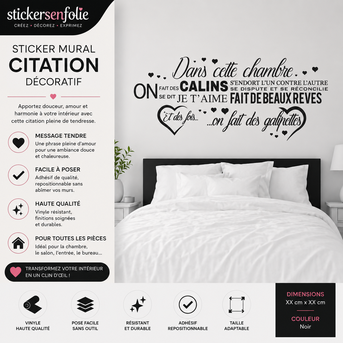 Sticker Mural Chambre Couple – Citation Amour Romantique – Déco Murale Noir