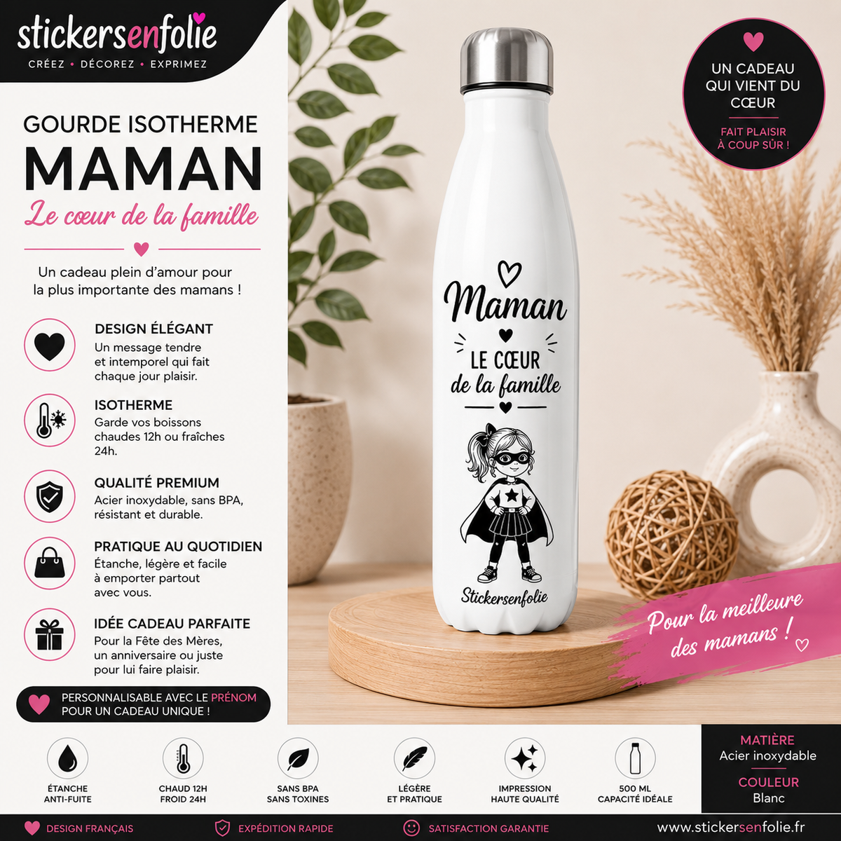 **Gourde Isotherme Personnalisée Maman – Le Cœur de la Famille**