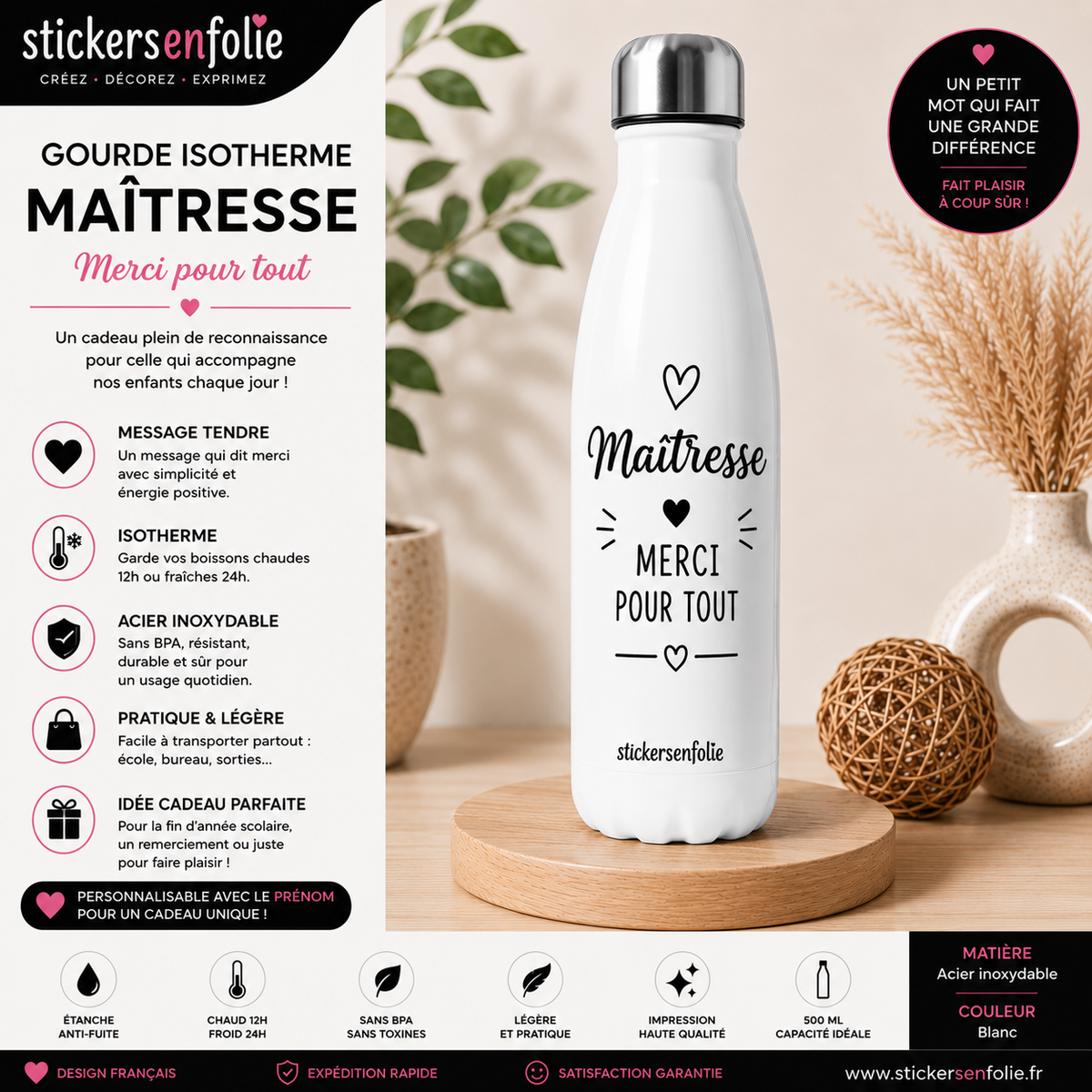**Gourde Isotherme Personnalisée Maîtresse – Un Cadeau Unique pour Dire Merci**
