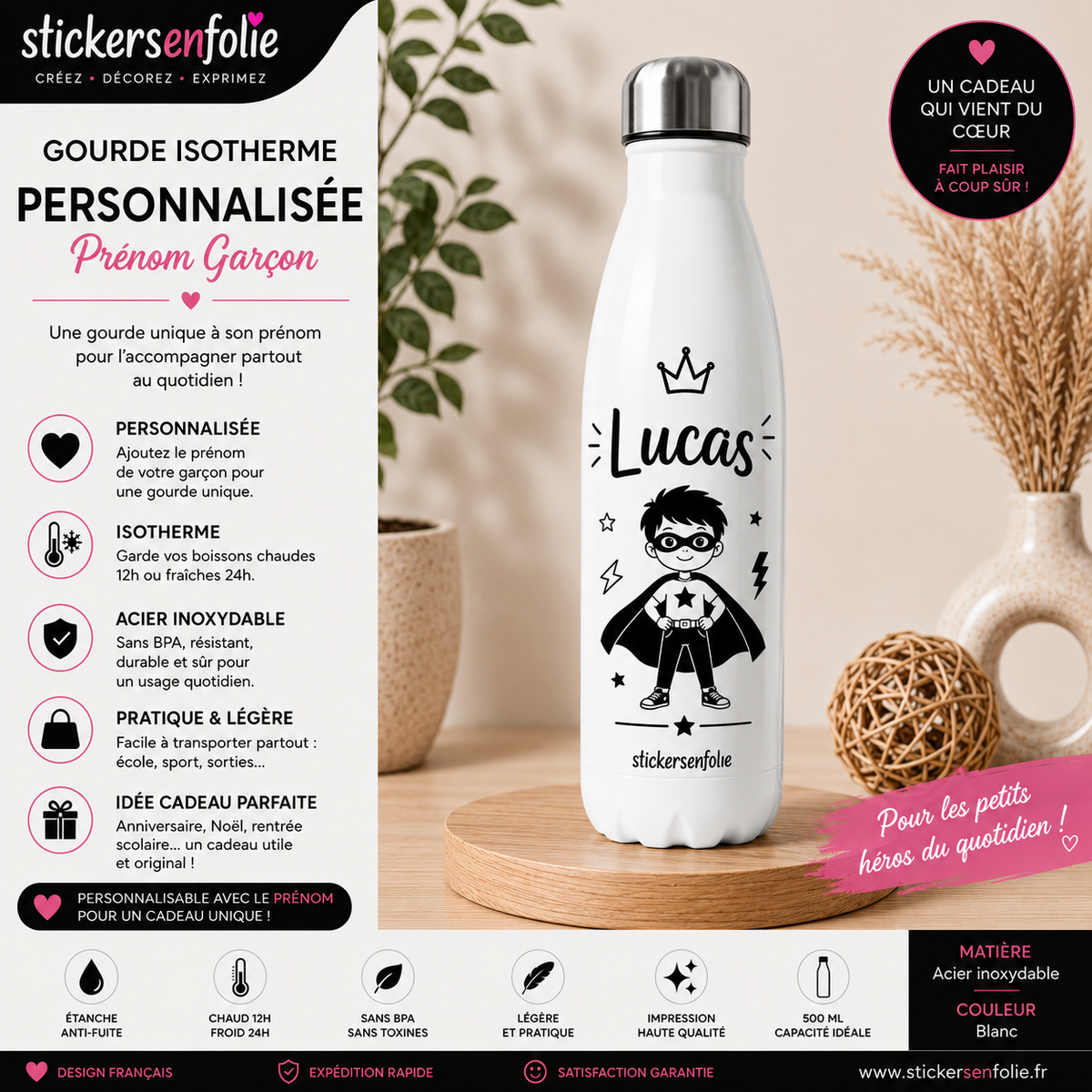 **Gourde Isotherme Personnalisée Garçon – Prénom & Motif Original**