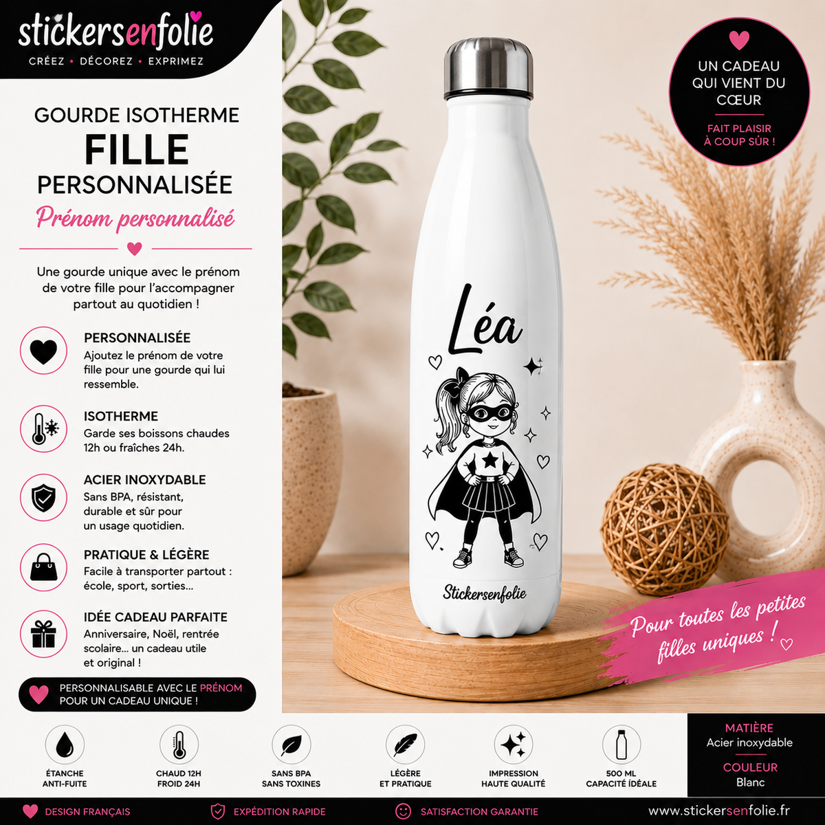 **Gourde Isotherme Fille Personnalisée – Prénom & Super Héroïne**