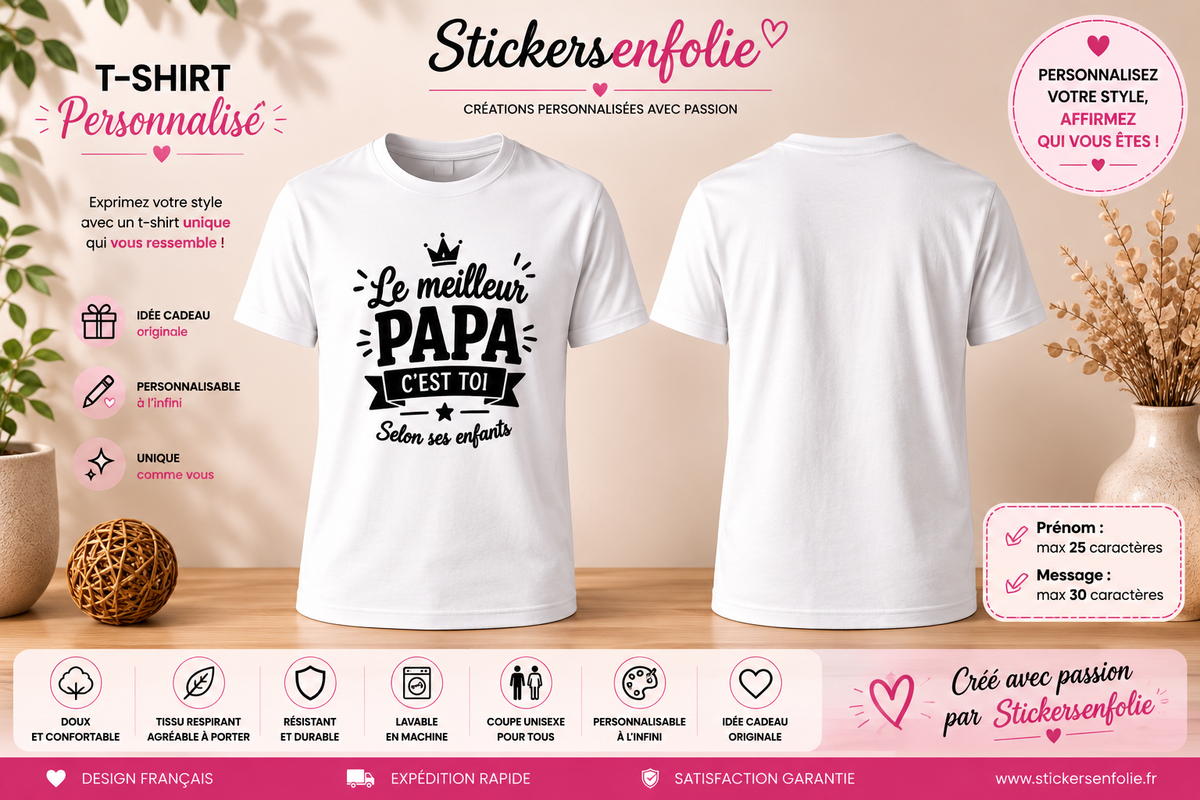 **T-Shirt Papa Personnalisé – Prénom et Message au Choix**