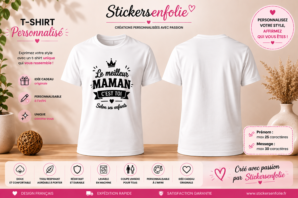 **T-Shirt Personnalisé Super Maman – Prénom et Message au Choix**