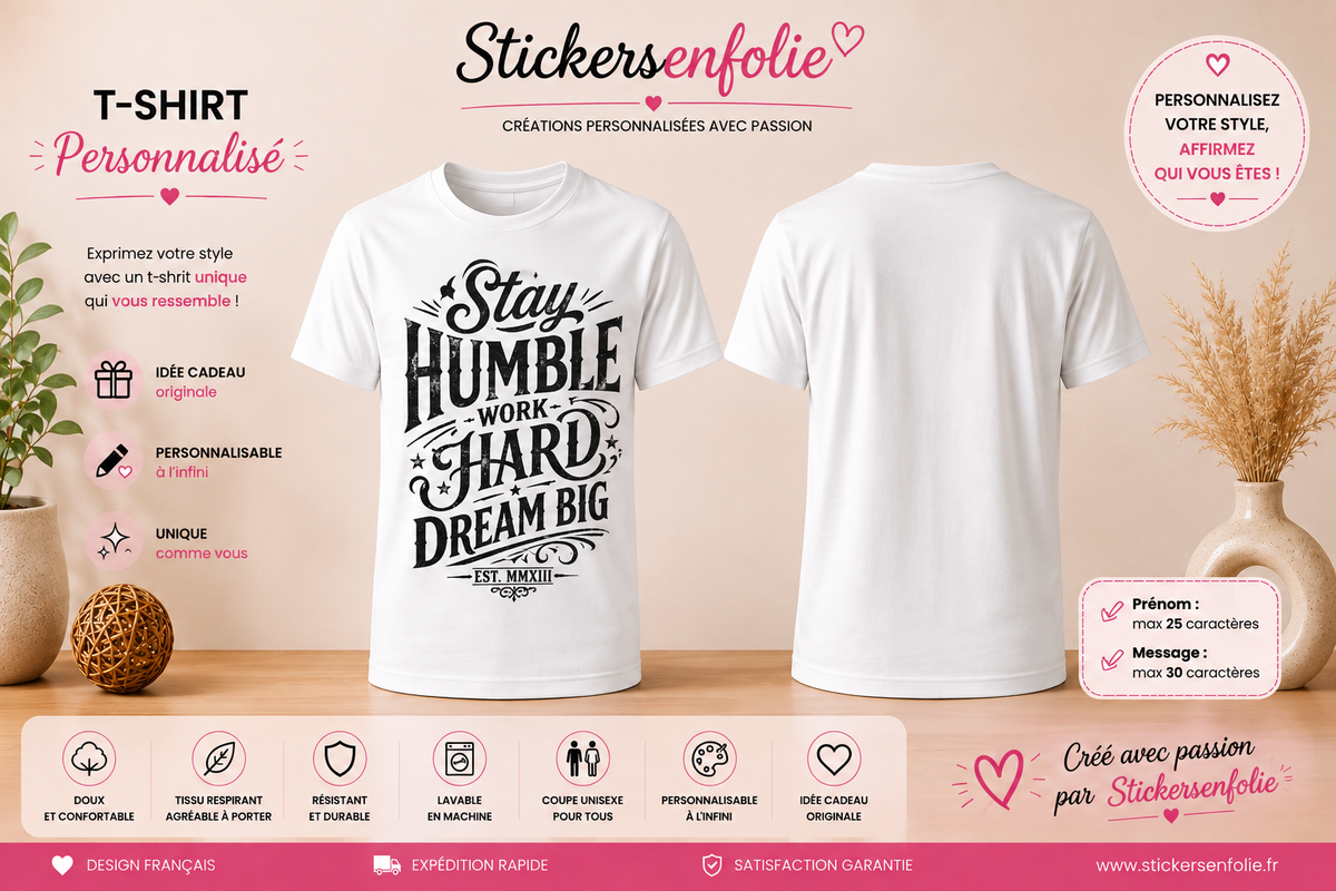 **T-Shirt Homme Vintage – Stay Humble, Work Hard, Dream Big**